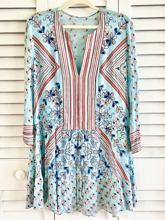 Dahlia Dresses & Skirts - Dalia Mint Blue-Green Dress Floral & Stripe Mixed Print Boho Tunic Mini Dress L